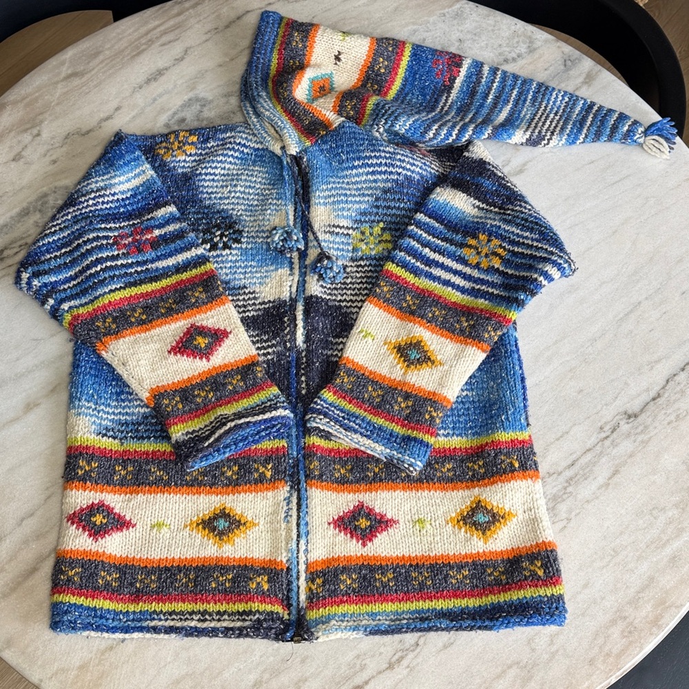 Vintage Southwestern Hooded Wool Cardigan, Chunky Knit Boho Cabin Sweater Med